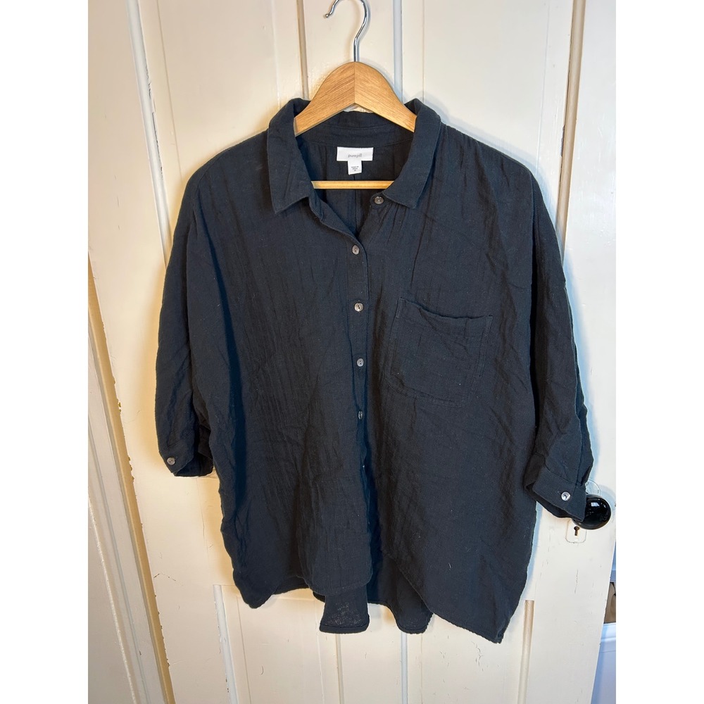 Pure Jill Black Cotton Gauze Button Down Shirt Oversized Relaxed Fit Medium